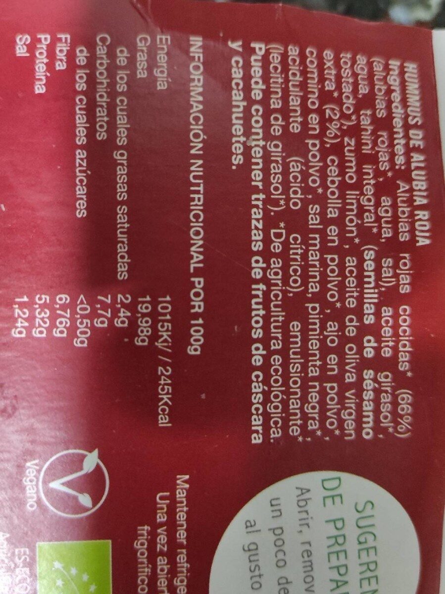 hummus alubia roja - Nutrition facts - es
