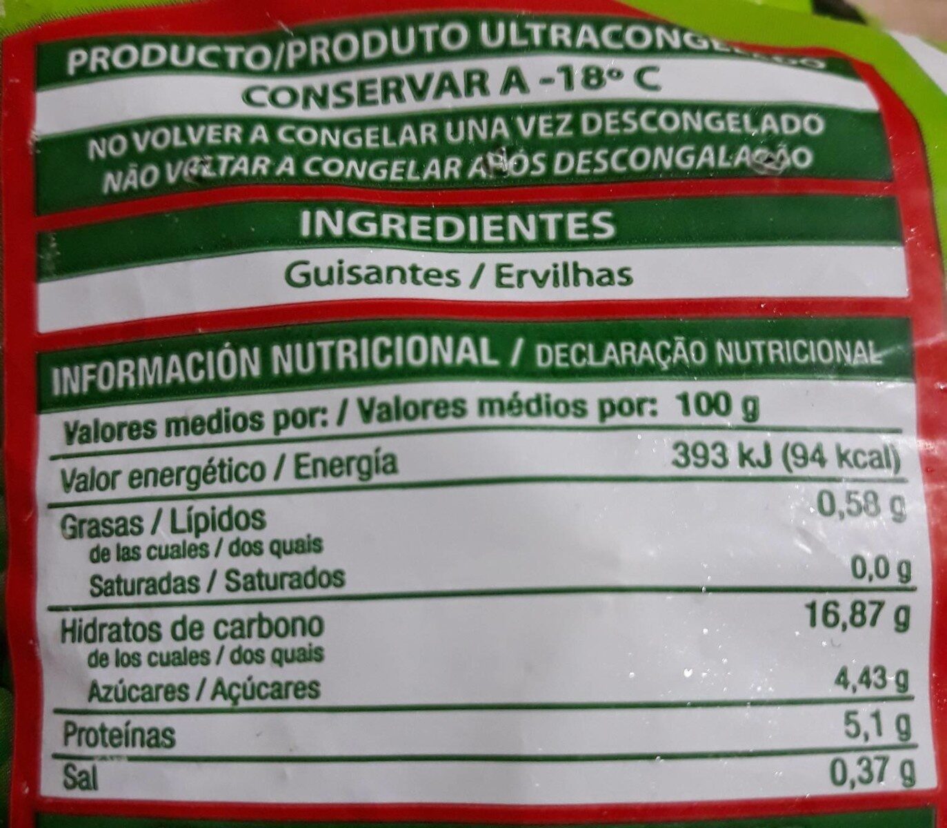 Guisantes ervilhas - Información nutricional