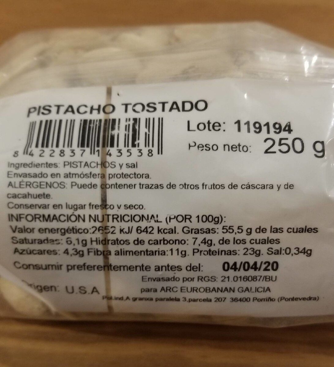 Pistacho - Nutrition facts - es