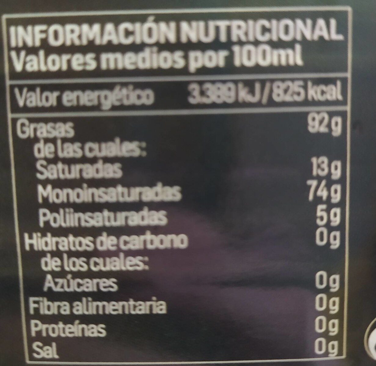 Aceite de oliva virgen extra - Informació nutricional - fr
