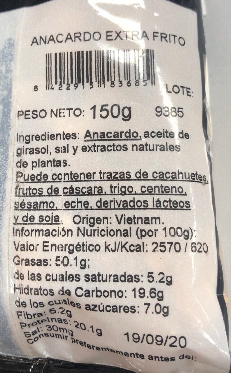 Anacardo Extra - Información nutricional
