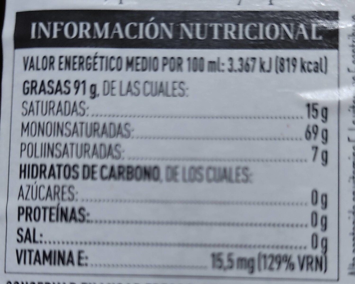 Aceite de oliva virgen extra ecologico - Información nutricional