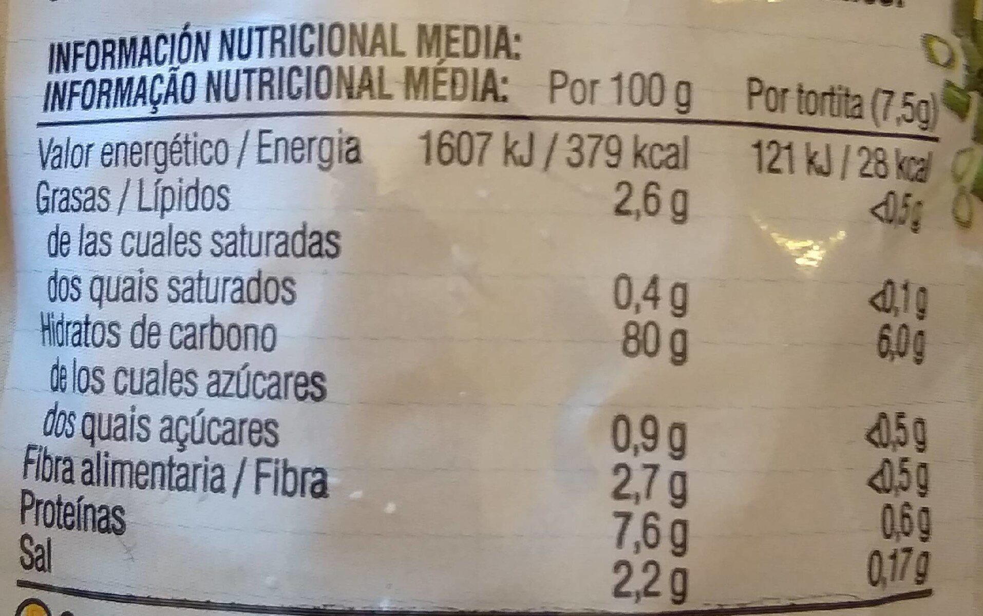 Nackis tortitas de maíz - Dados nutricionais - en