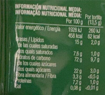 Tortitas de maiz con chocolate con leche - Informació nutricional - es
