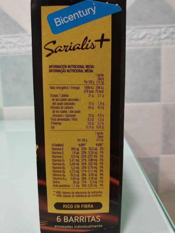 Sarialis+ multicereales chocolate negro - Informació nutricional - en