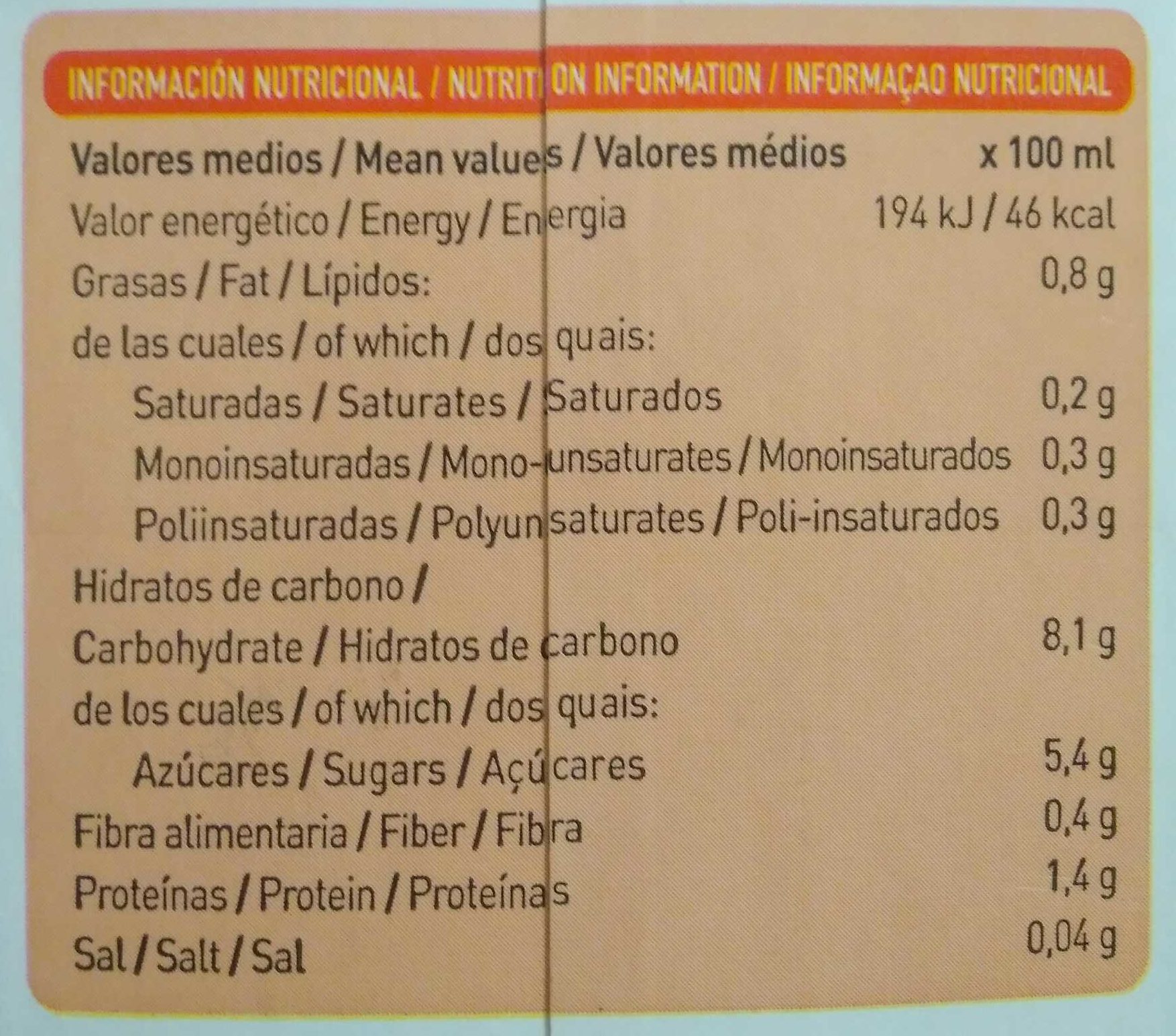 Bebida de Avena - Nutrition facts