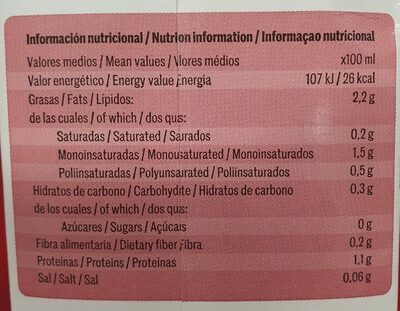 Leche de almendras - Información nutricional - pt