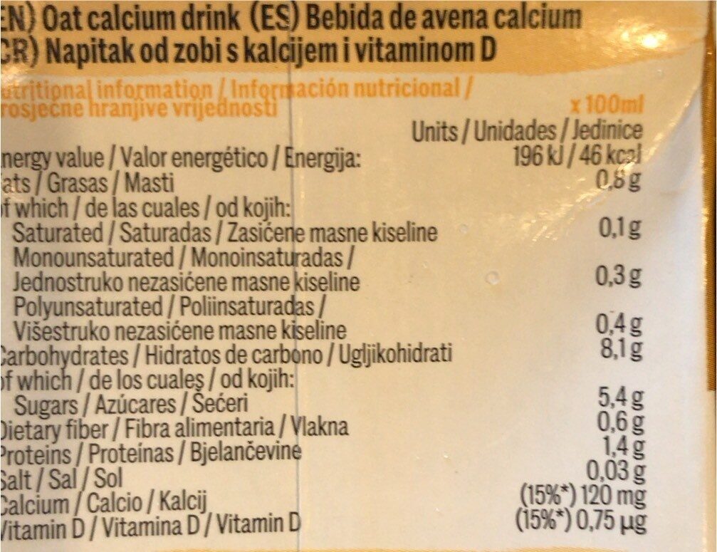 Oat calcium drink - Nutrition facts - fr