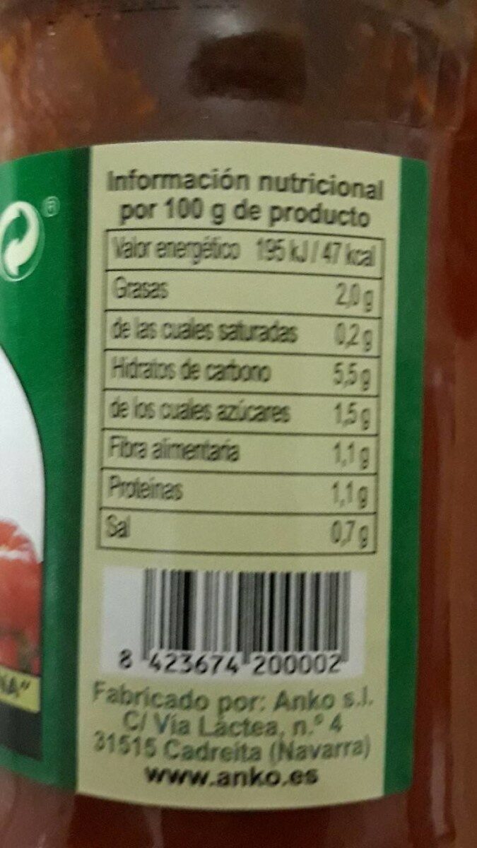 Salsa ecológica de Tomate - Tableau nutritionnel - es