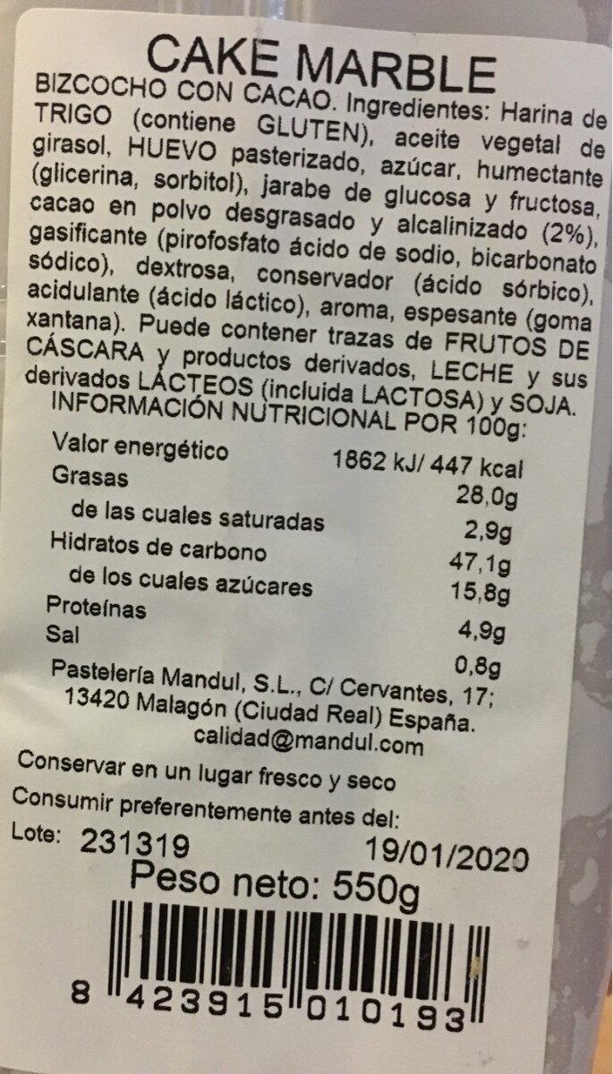 Bizcocho - Información nutricional - fr