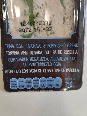 Sandwich de atún y huevo con pan de amapola - Nutrition facts - es