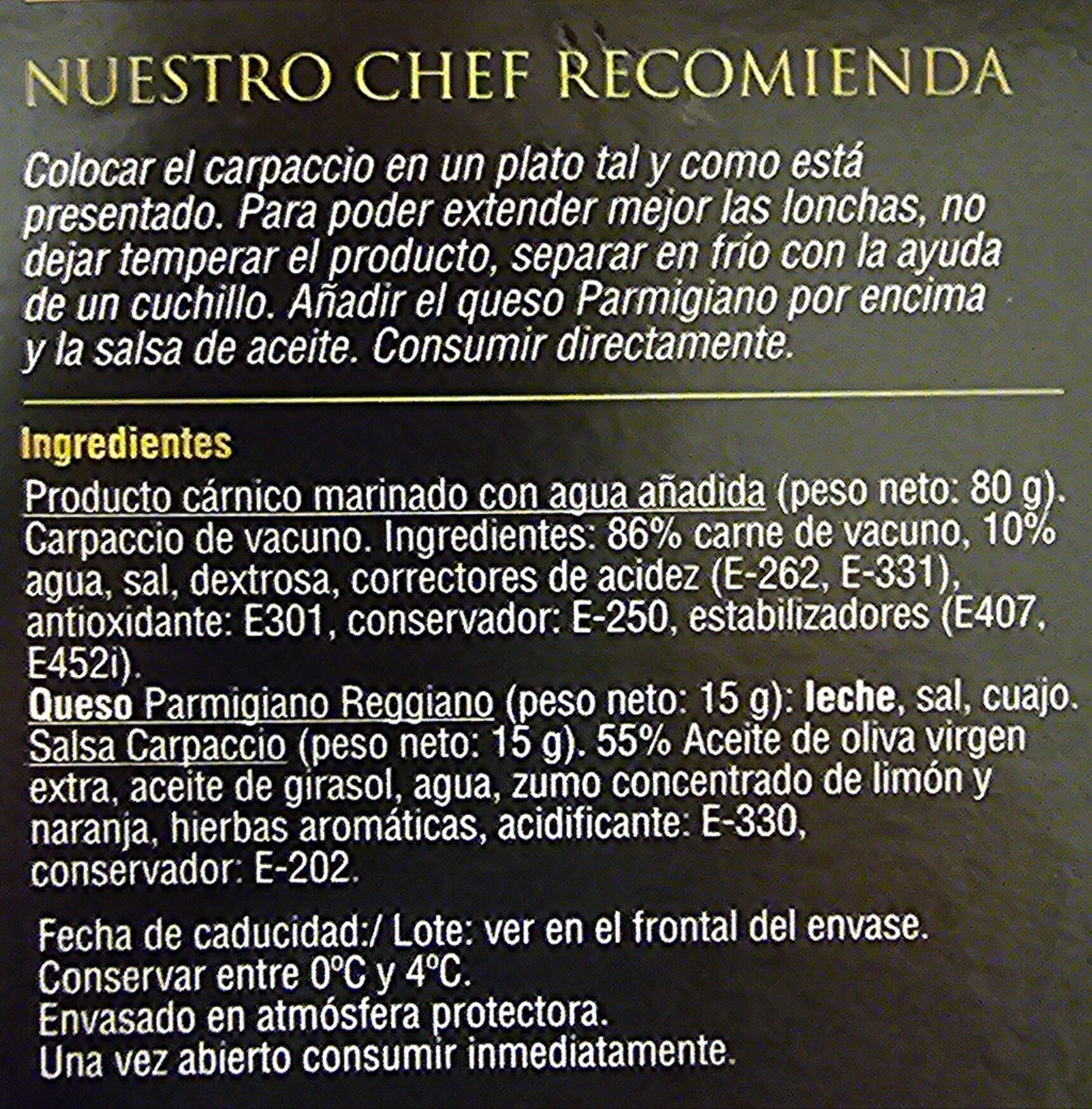 Carpaccio - Ingredients - es