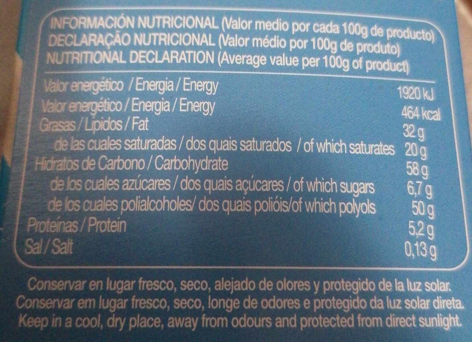 Chocolate sin azucar - Informació nutricional - es