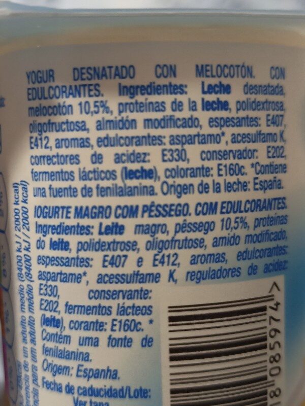 Yogur desnatado con trozos de melocotón - Ingredients - es