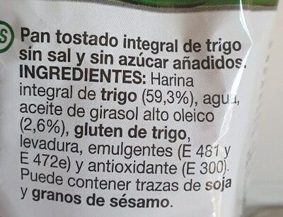 Pan tostado integral sin sal y sin azucar - Ingredients - es