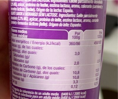 Yogur fresa sin lactosa - Informació nutricional - es