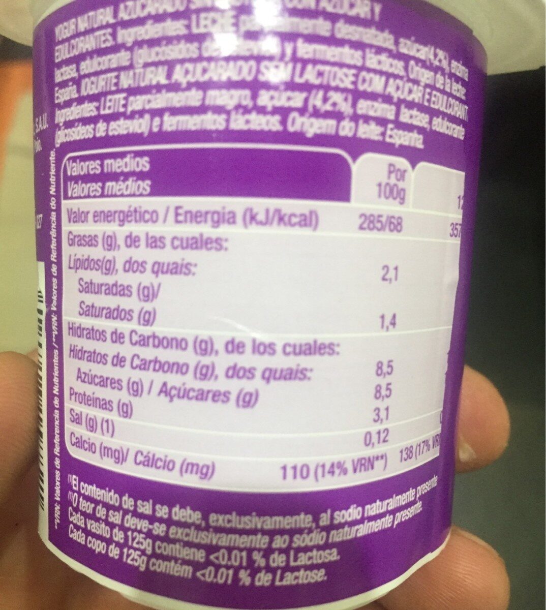 Yogur Natural Azucar Sin Lactosa - Informació nutricional - es
