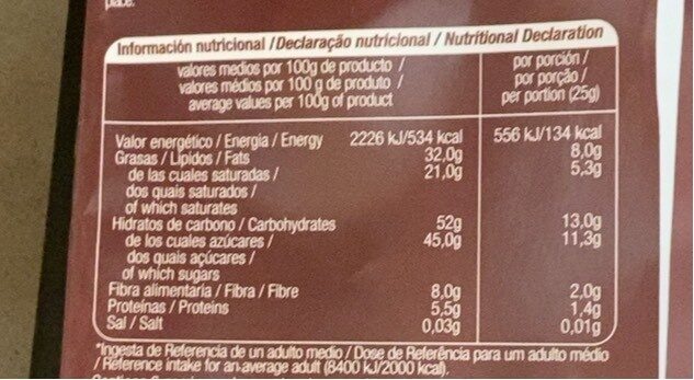 Chocolate Negro 55% - Informació nutricional - es