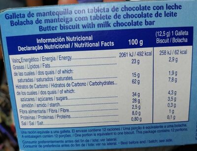 Galleta de mantequilla con tablette de chocolate con leche - Informació nutricional