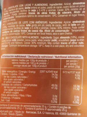Chocolate con leche y almendras - Informació nutricional - es