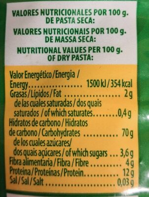 Macarrón rayado con vegetales - Informació nutricional - es