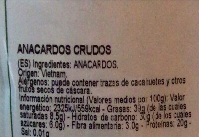 Anacardos crudos - Informació nutricional - es