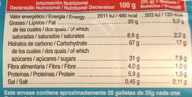 Galletas de chocolate - Informació nutricional - es