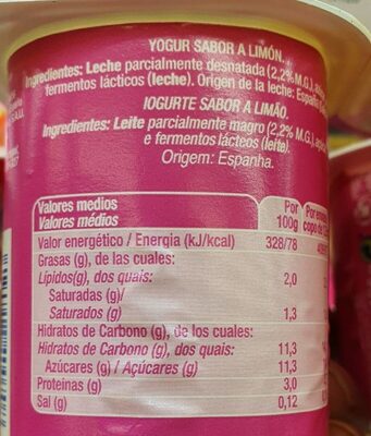Yogur sabor limón - Informació nutricional - es