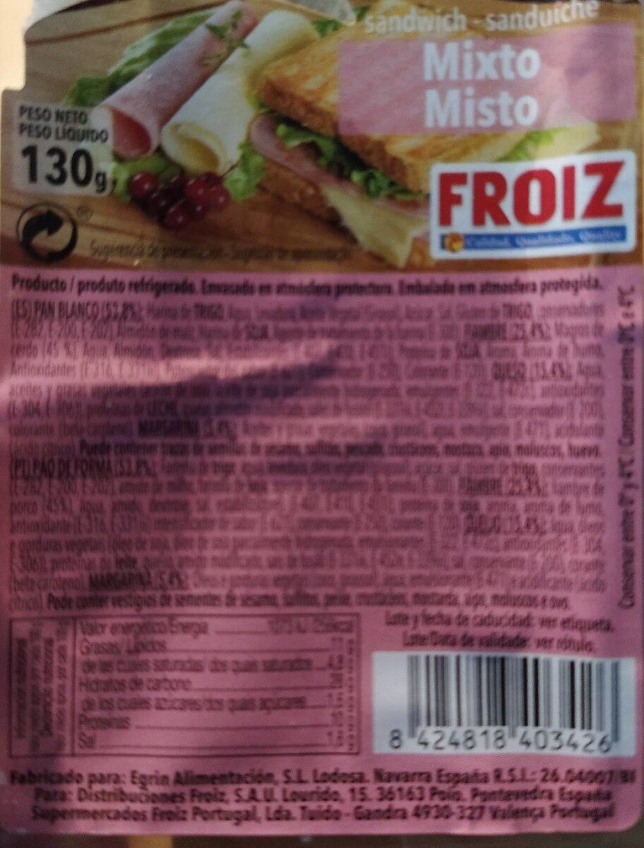 Sandwich mixto - Informació nutricional - es