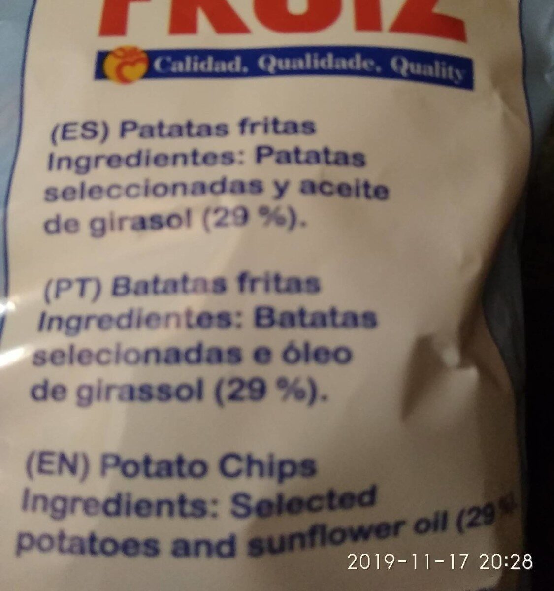 Patatas lisas clásicas sin sal - Informació nutricional - es