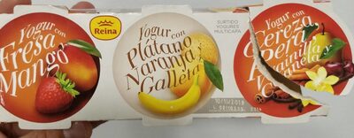 Yogures con fresa y mango, plátano, naranja y galleta y cereza, pera, vainilla y canela - Product - es