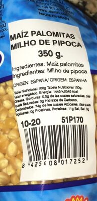 Palomitas de maiz - Información nutricional