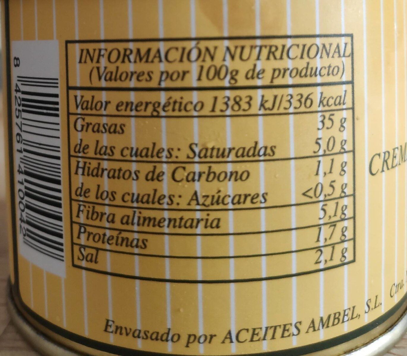 Crema de aceitunas - Informació nutricional - es