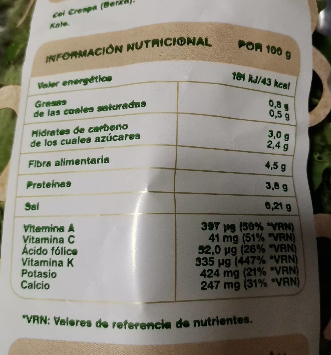 Lechuga kale - Nutrition facts - es