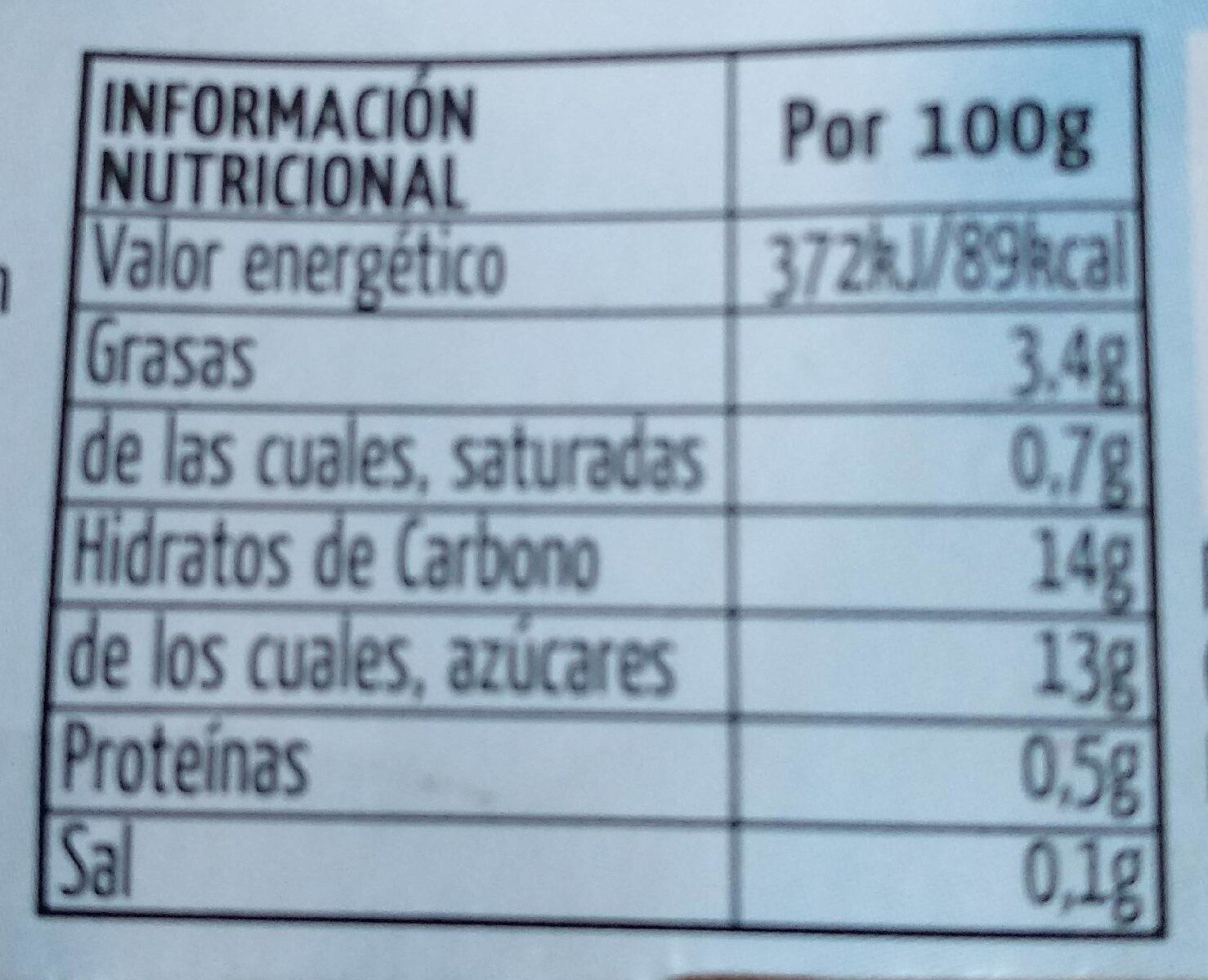 Horchata natural granizada sin gluten - Información nutricional