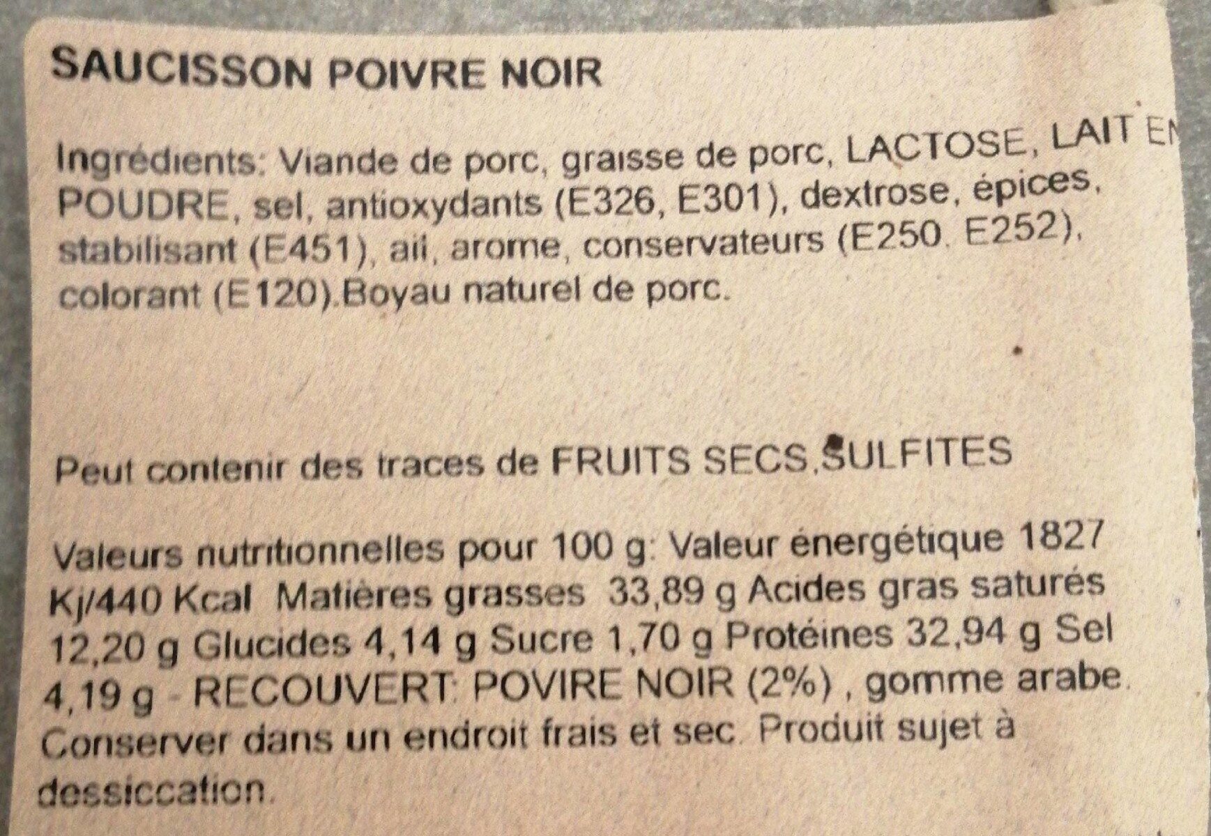 Saucisson Extra Poivre 6% - Nutrition facts - fr