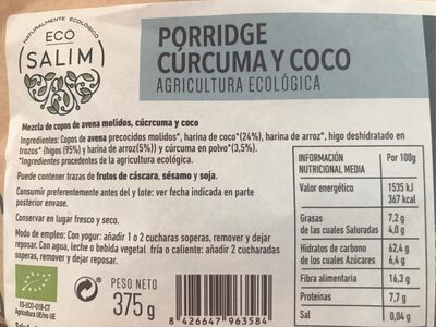 Porridge curcuma y coco - Nutrition facts - es