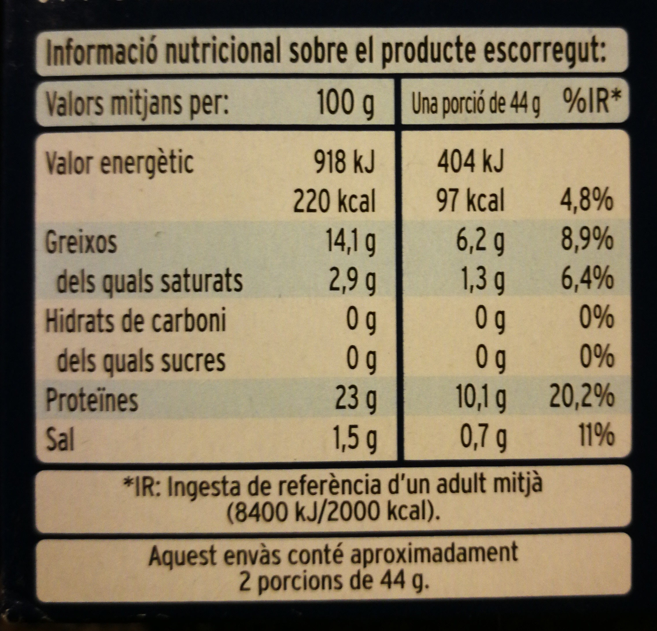 Sardinas en aceite de girasol - Informació nutricional