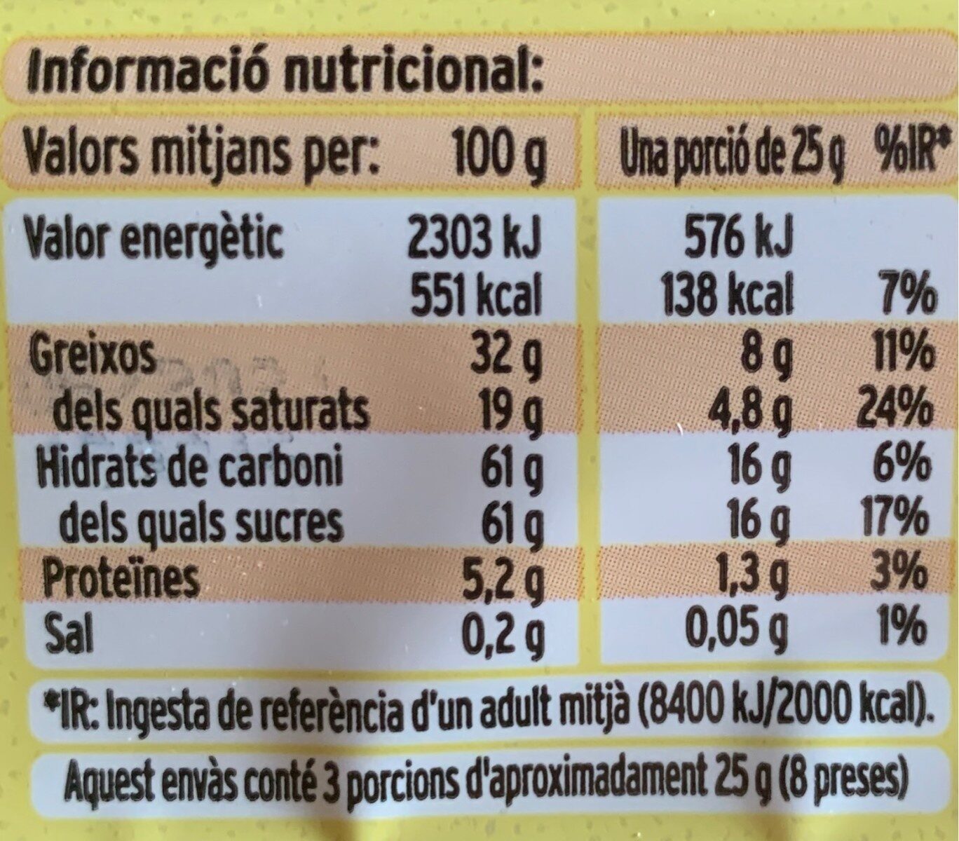 Xocolata blanca - Informació nutricional - es