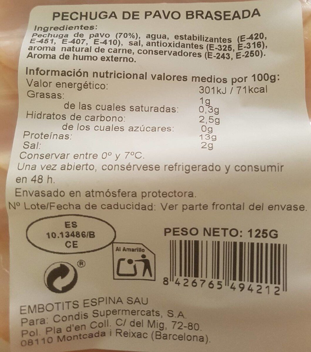 Pechuga pavo braseada - حقائق غذائية - es