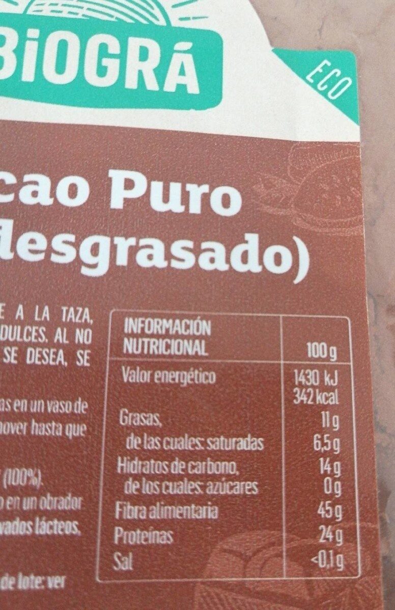 Cacao puro semidesgrasado - Informació nutricional - es