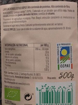 Lentejas Du Puy - Informació nutricional
