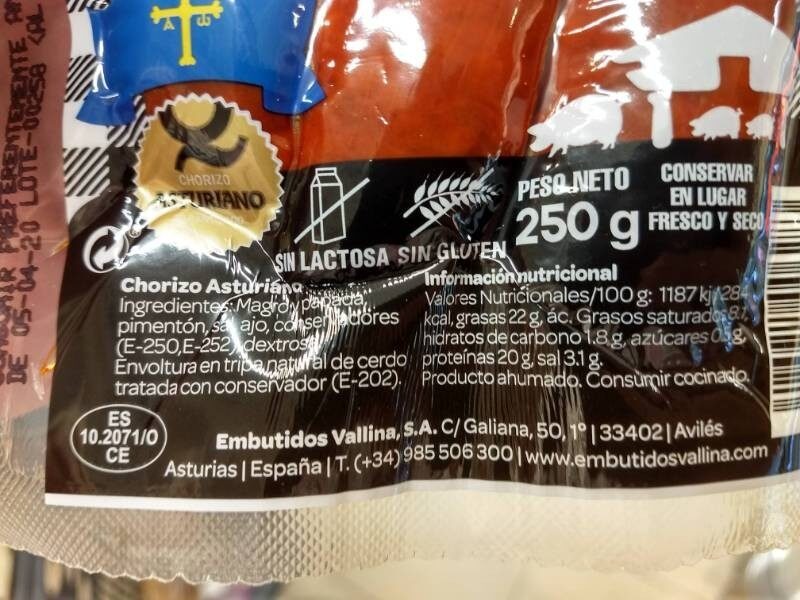 Chorizo extra asturiano sin gluten sin lactosa - Nutrition facts - es