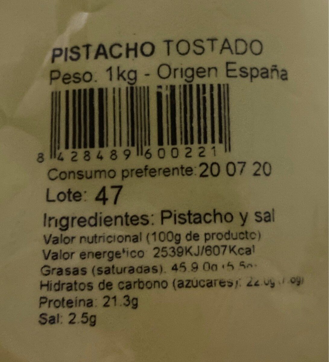 Pistacho tostado 1kg - Nutrition facts - es
