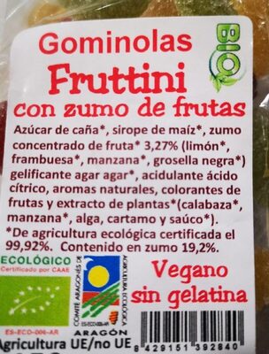 Gominolas fruttini con zumo de frutas - Información nutricional