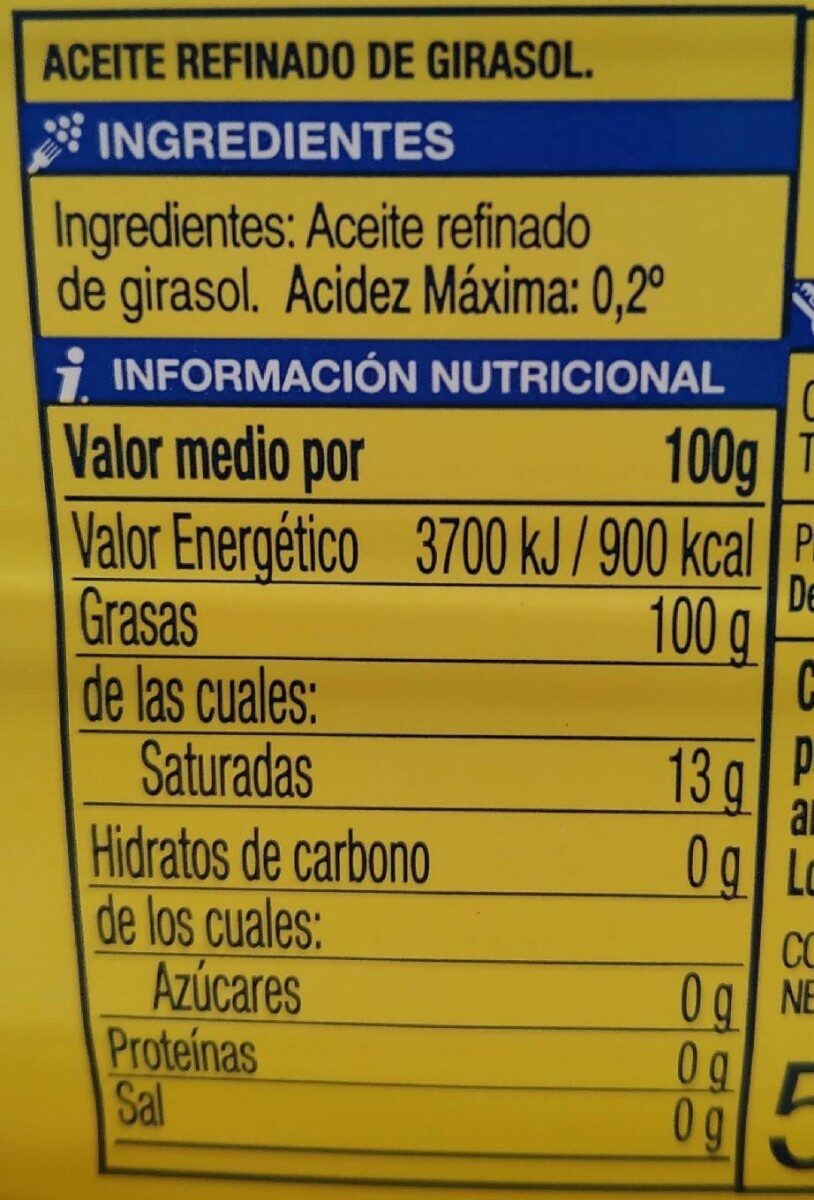 Aceite refinado Girasol - Informació nutricional - es