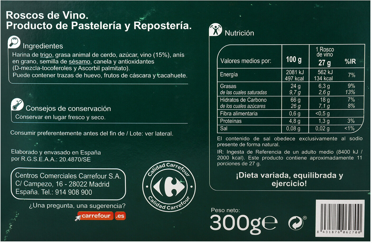 Roscos vino - Información nutricional