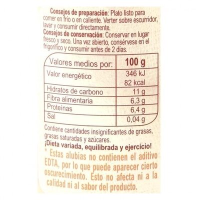 Alubias cocidas sin sal añadida - Informació nutricional - es