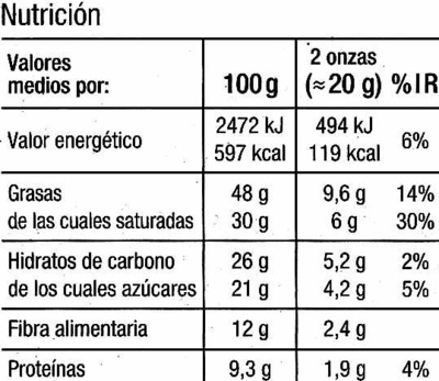 Chocolate negro 80% - Informació nutricional - es