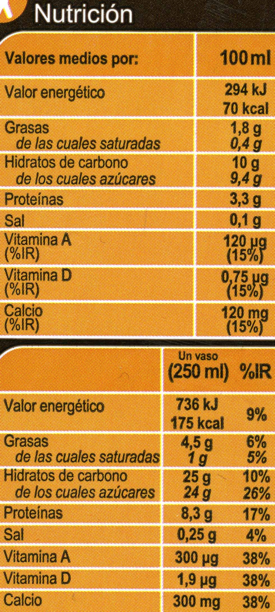 Bebida de soja calcio chocolate - Informació nutricional - es